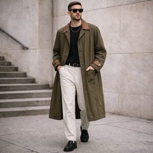 Emporio Gotano Men's Trench Coat Small Army Green Leather Trim Oversized Utility